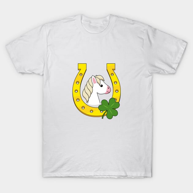 Cute White Horse with Golden Horse Shoe and Shamrock T-Shirt by BirdAtWork